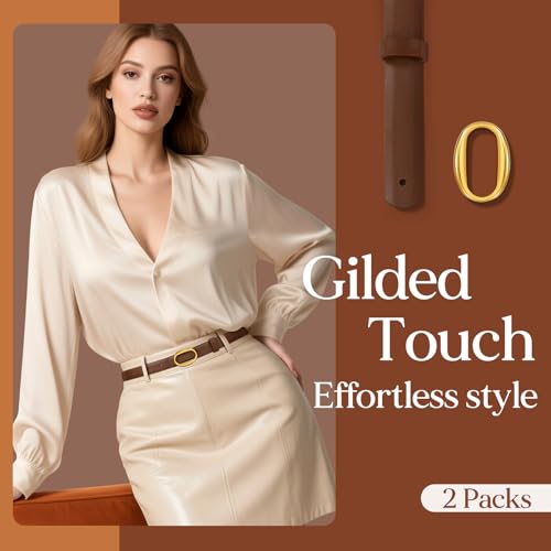 JASGOOD 2 Pack Women Leather Skinny Belt, Ladies Thin PU Leather with Alloy Buckle for Jeans Pants Dresses,Black+Coffee4