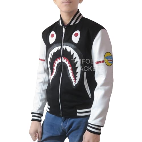 Trifoliate Boys Varsity Jacket – Youth Black Lightweight Applique Shark Mouth Design Real Leather Sleeves Jacket For Kids4