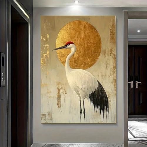 Lámina de grulla de corona roja pintura en lienzo premium con sol dorado artístico 80x120cm 4