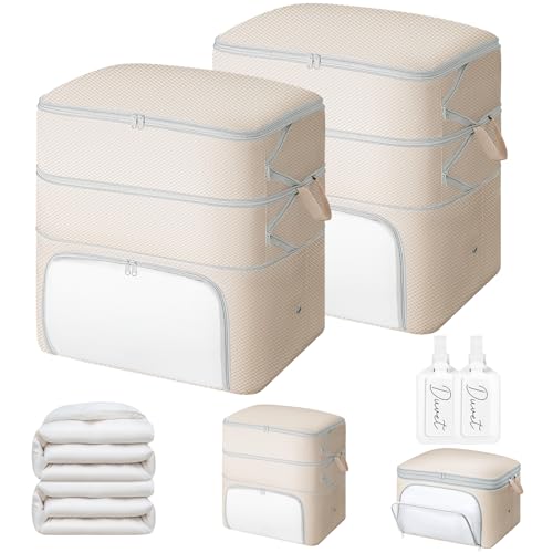 DIMJ Compression Duvet Storage Bags - 2 Pack 260L Self Large Compress Bags Bedding Box with Clear Front-Opening Window Dual Handles and Labels for Flat Dorms Travel Moving Blankets Beige
