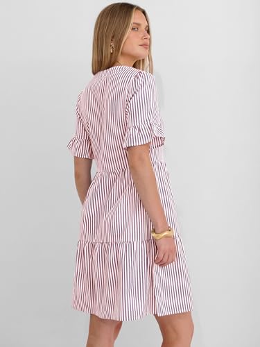 Image of Caracilia Dresses for Women Summer 2026 Striped V Neck Ruffle Sleeve A Line Tiered Flowy Casual Mini Beach Dress with Pockets