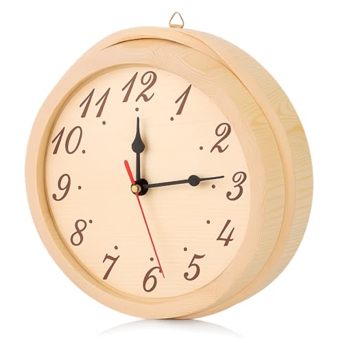 Changor Sauna Clock with Numbers, 9.1in Number Wood Shower Timer for Home Gym Living Bathroom Room, Wooden Decorative Retro Round Wall Clock, Spas Sauna Room Accessories by Changor - Used condition - US$40.64