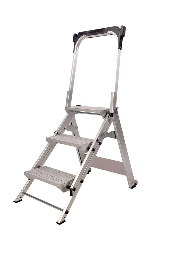 Svelt Sgabello Industriale Professionale Richiudibile in Alluminio con Guarda-Corpo, 3 Gradini Antiscivolo, Vaschetta Porta-Attrezzi e Ruote – Certificato