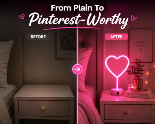 Image of Quace Heart Neon Light Pink LED Lamp for Room Decor, Dual Power USB & 3 AA Batteries, Romantic Heart Shape Night Light for Bedroom, Girls Room Decor, Desk Decor, Valentine's Gift, Birthday Gift