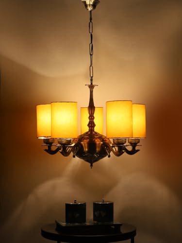 Image of Devansh 05 Lights Yellow Round Cotton Shade with Antique Golden Chandelier