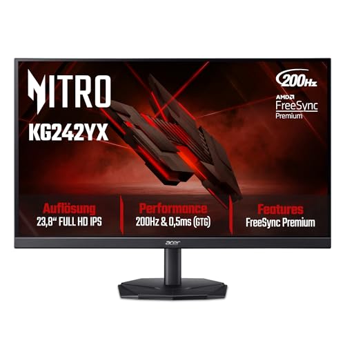 Acer Nitro KG242YX1 Gaming Monitor 23.8 Inch (60 cm Screen) Full HD, IPS, 200Hz, 1ms/0.5ms (GTG, Min.), 2xDP 1.4, 2xHDMI 2.0, Freesync Premium