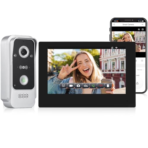 FTes RFKits Interphone Vidéo 2 Fils avec Écran 7 Pouces,Tuya Smart,Vision Nocturne Infrarouge et Détection de Mouvement,3 Modes de Déverrouillage,Lecture,...