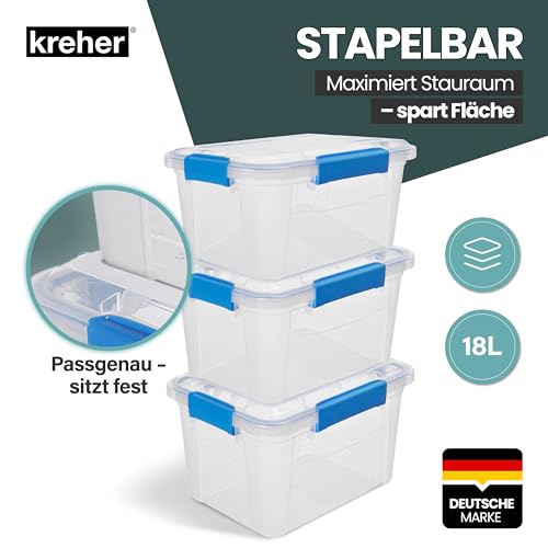 Kreher® Aufbewahrungsbox 18 Liter mit Deckel – wasserdicht & staubdicht, transparent & stapelbar, BPA- & schadstofffrei, robuste Kunststoffbox mit Silikondichtung & 4 Clips (2, 18 Liter)