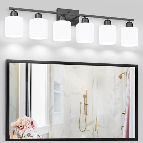 Image of 6-Light Black Vanity Lights for Bathroom, Modern Bathroom Vanity Lighting Fixtures Over Mirror, Bathroom Light Fixtures for Bathroom Mirror, Living Room, Hallway, Vanity Table, E26 Base