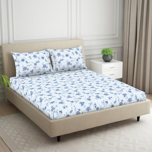 Image of Welspun Cotton Blend Bedsheet for Double Bed with 2 Pillow Covers | Soft, Skin Safe & Breathable Bed Sheet | Floral Print | Large Size Bedsheet | Ideal for Gifting & Festivals | 224 x 254 cm |Ice Blue