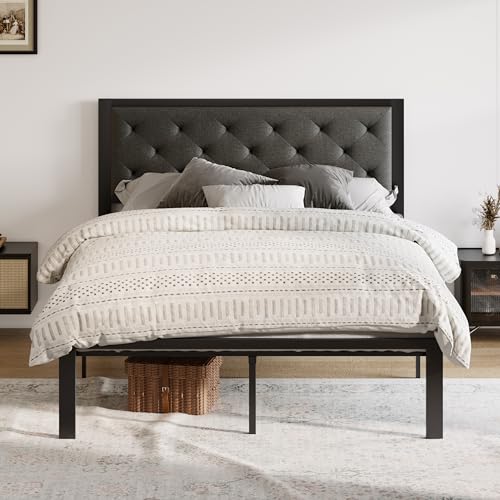 Image of Allewie Full Bed Frame with Upholstered Headboard, Chic Diamond Stitched Tufted Design, No Box Spring Needed, Dark Grey