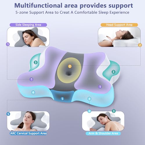 JINXIA Nackenkissen Kopfkissen, Ergonomisches Kopfkissen, Memory Foam-Kissen mit Abnehmbarem Kissenbezug für Seiten-, Rücken- und Bauchschläfer, Grauweiß