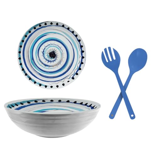 ARCA, Insalatiera Apulia Spirale in Melamina con Posate, Ciotola per Antipasti, Insalate, Poké, Lavabile in Lavastoviglie, 28x9 cm, Blu