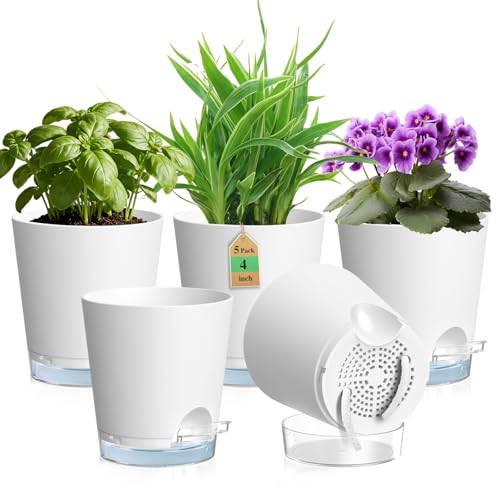 WSMKSZ 10 2 cm Blumentopf Selbstbewässernd 5er Set Plastik Pflanztöpfe mit Transparentem Wasserreservoir Sichtbarer Wasserstand & Abflusslöchern Blumentöpfe mit Baumwolldocht für Innen Weiß