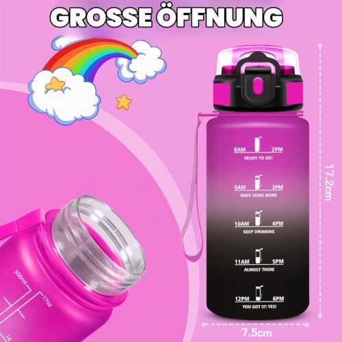 Trinkflasche Kinder, Trinkflasche 500ml, Wasserflasche mit Strohhalm, Auslaufsicher, Kann mit dir Tragen, Wasserflasche mit Zeitmarkierung… – Ansicht 4
