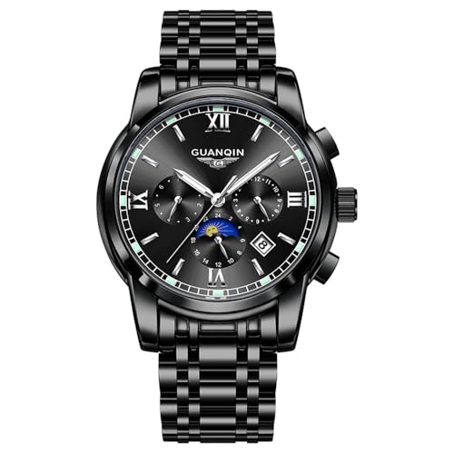 Guanqin Men Multifunctional Automatic Self-Wind Mechanical Wrist Watch Sapphire Crystal Business Calendar Week Luminous Moon Phase Waterproof Clock Man Stainless Steel Strap Wristwatch (Black) Guanqin Men Multifunctional Automatic Self-Wind Mechanical Wrist Watch Sapphire Crystal Business Calendar Week Luminous Moon Phase Waterproof Clock Man Stainless Steel Strap Wristwatch (Black)