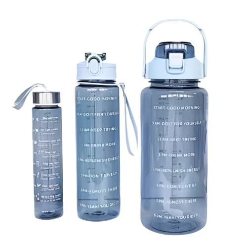 Image of Motivational Water Bottle Set | Pack of 3 | 2000ml, 900ml, 500ml | Time Marker Water Bottles with Straw | BPA Free Leakproof Sports Bottles for Gym Workout Daily Hydration Use