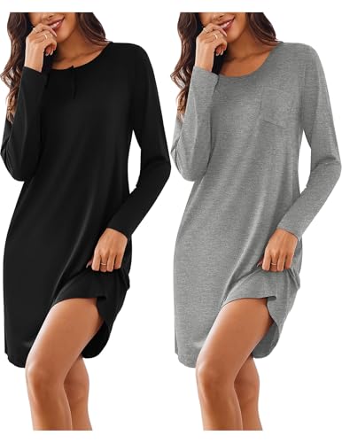Ekouaer 2 Pack Womens Long Sleeve Nightgowns Sleep Shirts Button Down Night Shirts House Dresses Ladies Night Dress Black grey