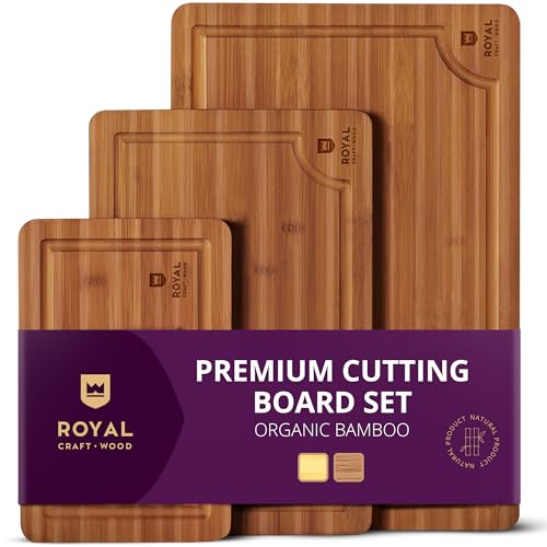 Comparison: Best Woods For Cutting Board 11 ROYAL CRAFT WOOD Wooden Cutting Boards for Kitchen Meal Prep & Serving - Bamboo Wood Serving Board Set with Deep Juice Groove Side Handles - Charcuterie & Chopping Butcher Block for Meat (3 Pcs)
