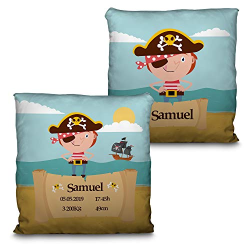 LolaPix Coussin Pirates Bebe Personnalisée. Données de Naissance Nom/Date. Cadeau Unique, Original et Exclusif. Différentes Tailles à Choisir. Remplissage Inclus. Pirates