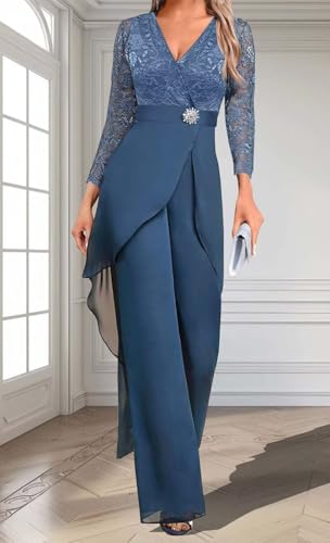 Mother of The Bride Pant Suits 2 Pieces Outfit Set Formal Dresses Chiffon Formal Jumpsuits Outfit with V Neck Lace Appliques2