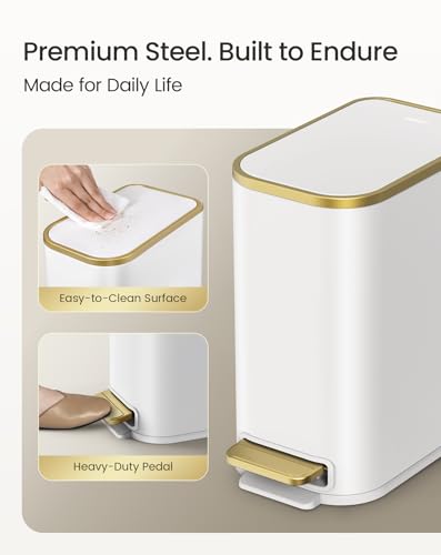 Image of Cesun Small Bathroom Trash Can with Lid Soft Close, 5 Liter /1.3 Gallon Stainless Steel Garbage Can with Removable Inner Bucket, Step Pedal, Slim Waste Basket for Toilet, Office, Bedroom (White&Gold)