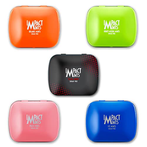 Image of IMPACTMINTS Sugar Free Mints, Pack of 5 Assorted Flavors (Orange, Honey Melon, Cola, Peach, Ice) 14g Each, For Pleasant And Everlasting Breath, Product of Germany, Pocket Friendly Mints