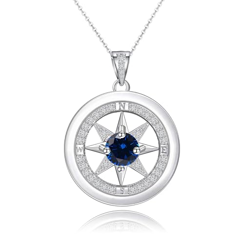 Sterling Silver Compass Pendant Necklace for Women Hypoallergenic Cubic Zirconia Adjustable Coin Pendant Necklace Jewelry Gifts for Wife Sister