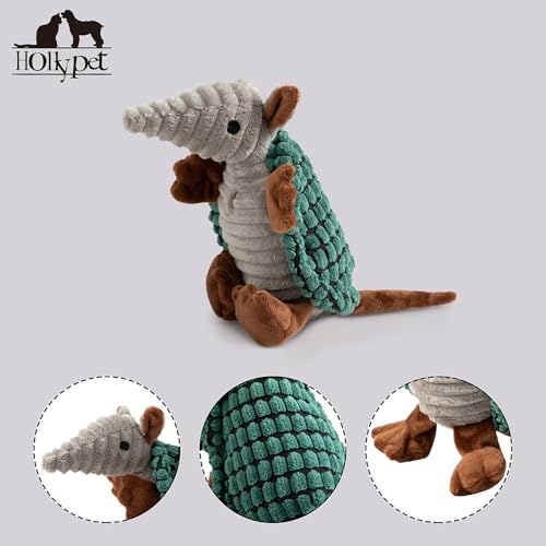 Image of Hollypet Plush Dog Squeaky Toy Stuffed Armadillo Animal Pet Puppy Chew Toys with Clean Teeth for Small Medium Large All Breed Sizes Dogs, Deep Green,8 in