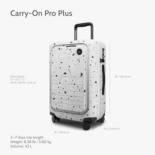 Image of Monos Carry-On Pro Plus Luggage 23 Inch - Hardside Spinner Suitcase with TSA Lock & Laptop Front Pocket | Airline Approved, 42L Polycarbonate Rolling Carry On | Fits 16 inch Laptop | Terrazzo, White