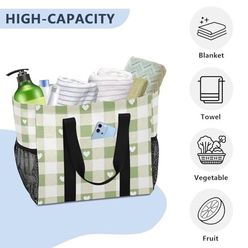 Grey-green Love Check Utility Totes Collapsable Water Resistant with Handles Beach Tote Bag 5