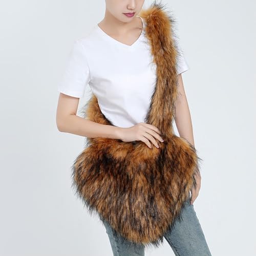Womens Faux Fur Shoulder Bag Furry Purse Handbag Crossbody Bag Heart Shaped with Shoulder Strap3