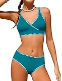 KANGKANG Girls Swimsuit Bikini Set, Girls Swimsuits Size 10-12 Solid Color V-Neck Two Piece Teen Bathing Suits with Chest Pad Adjustable Straps Swimwear Set