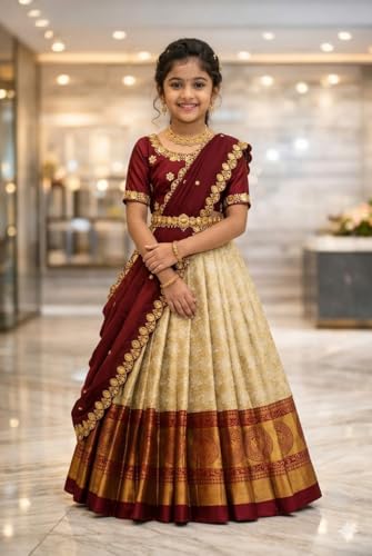 Image of White Button New latest half Saree South Indian Langa Voni pattu pavadai lehenga choli for girls