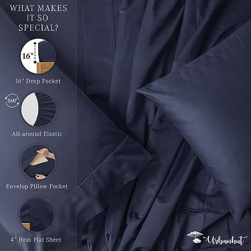 URBANHUT 800 Thread Count Queen Size Sheets Egyptian Cotton, Long Staple, Breathable, 4 Pc Bed Sheet Sets for Queen Size Bedding, Luxury Hotel Sateen Sheets Fits 16" Deep Pocket - Navy Blue