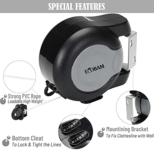 EcoBam Retractable Reel Washing Lines, Wall Mounted Laundry Drying Double Clothes Line, Heavy Duty Dual Clothesline Dryer Indoor Outdoor, 30m (2 x 15m) Black - Image 4