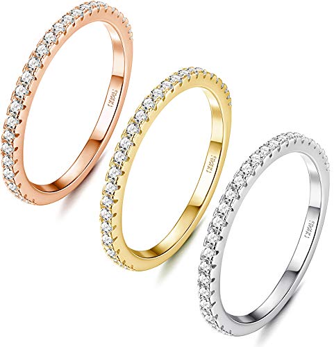 Milacolato 3Pcs Sterling Silver Round-Cut Cubic Zirconia Stackable Ring 14K Gold Plated Eternity Bands for Women