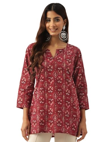 feranoid Designer V-Neck Short Straight Kurti with 3Quarter Sleeves Maroon