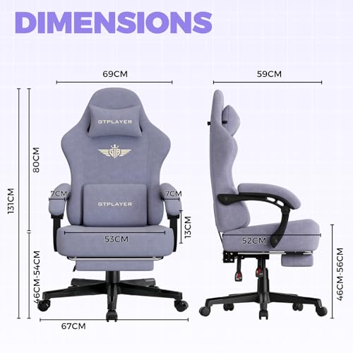 Image of GTPLAYER Big and Tall Gaming Chair Fabric with Pocket Spring Cushion, High Back Ergonomic Computer Chair with Footrest for Adults Lumbar Support Swivel Game Chair for Office 350LBS, Macaron Purple