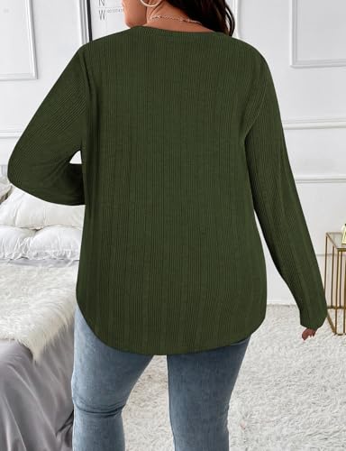 Image of Koscacy Women Plus Size Casual Knit Sweater V Neck Solid Color Tops Lightweight Long Sleeve Blouses