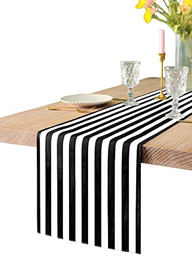 Texson 12 X 108 inch Black and White Striped Table Runner, Boho Cotton Black and White Table Runner for Modern Wedding Party Decoration, Outdoor Indoor Thanksgiving Christmas Birthday Party