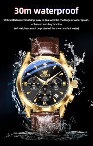 Image of OLEVS Men's Leather Analog Quartz Watch - Luxury Chronograph Wristwatch with Date, Waterproof, Luminous - Dress Style