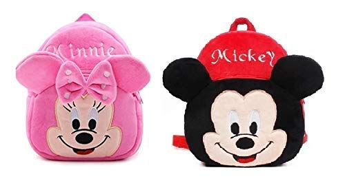 PLATONIC HUB Velvet Soft Plush Mickey Mosue and Minnie Mouse Cartoon School Bag Combo for Kids School Nursery Picnic (1-6 Years)