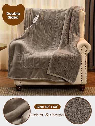 Image of Bearhug Electric Blanket Throw Size, 50 inch x 60 inch Heated Blanket with 6 Heating Levels & 4H Auto Shut-Off, Machine Washable Soft Velvet to Sherpa Reversible Heated Throw for Office, Couch and Sofa Taupe