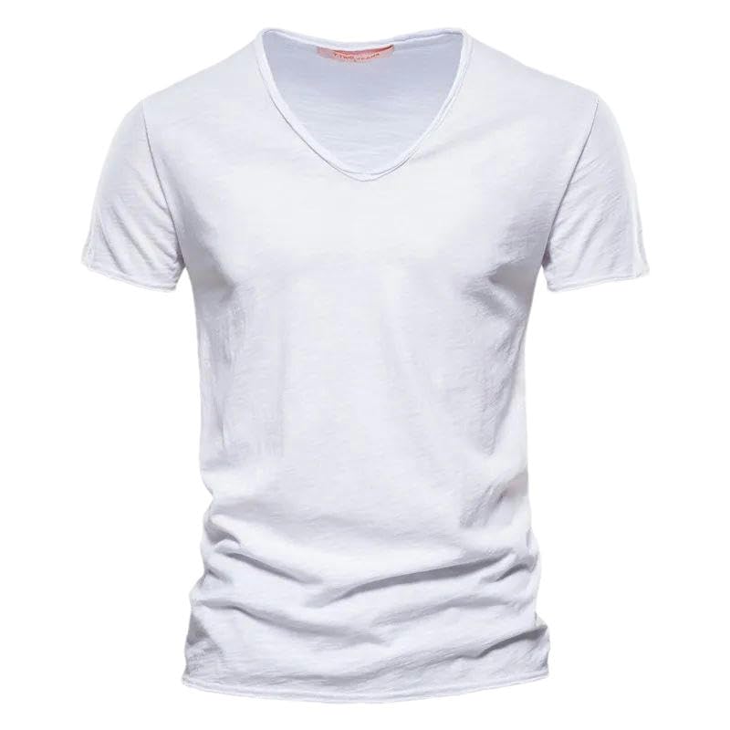 T-shirt d'été pour hommes à col en V en coton uni à manches courtes