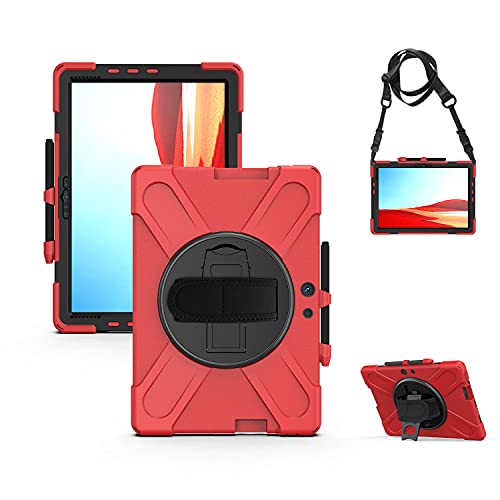 Coque Microsoft Surface Pro X antichoc rouge avec bandoulière et support rotatif