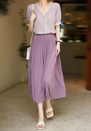 Women's Spring Summer Pleated Midi Skirts,Cool A-Line Swing Long Skirt,Soft Ladies Elastic High Waist Maxi Casual Skirt3