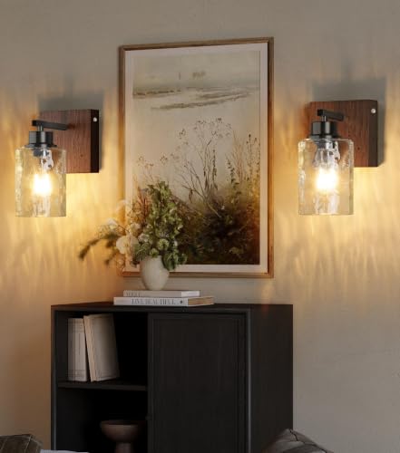 Image of Hammered Glass Battery Operated Wall Sconces Set of Two Black & Walnut
