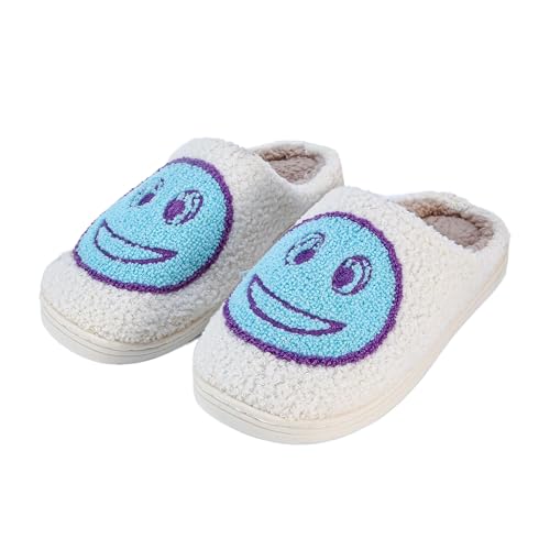 Cute Kids Cartoon Smile Face Slippers Soft Plush Non-Slip Warm Indoor/Outdoor White Teal 3637