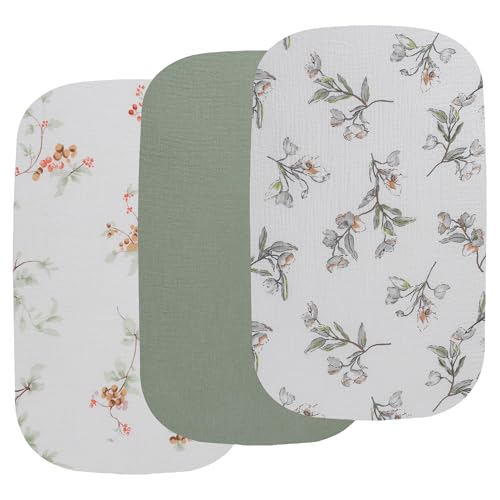 Image of Onacosht Muslin Bassinet Sheets 3 Pack, 100% Cotton Baby Fitted Sheet 33" x 19" Compatible with Mika Micky, KoolaBaby (3 in 1), BabyBond, HARPPA and RICUTON Bedside Bassinet, Green and Botanical